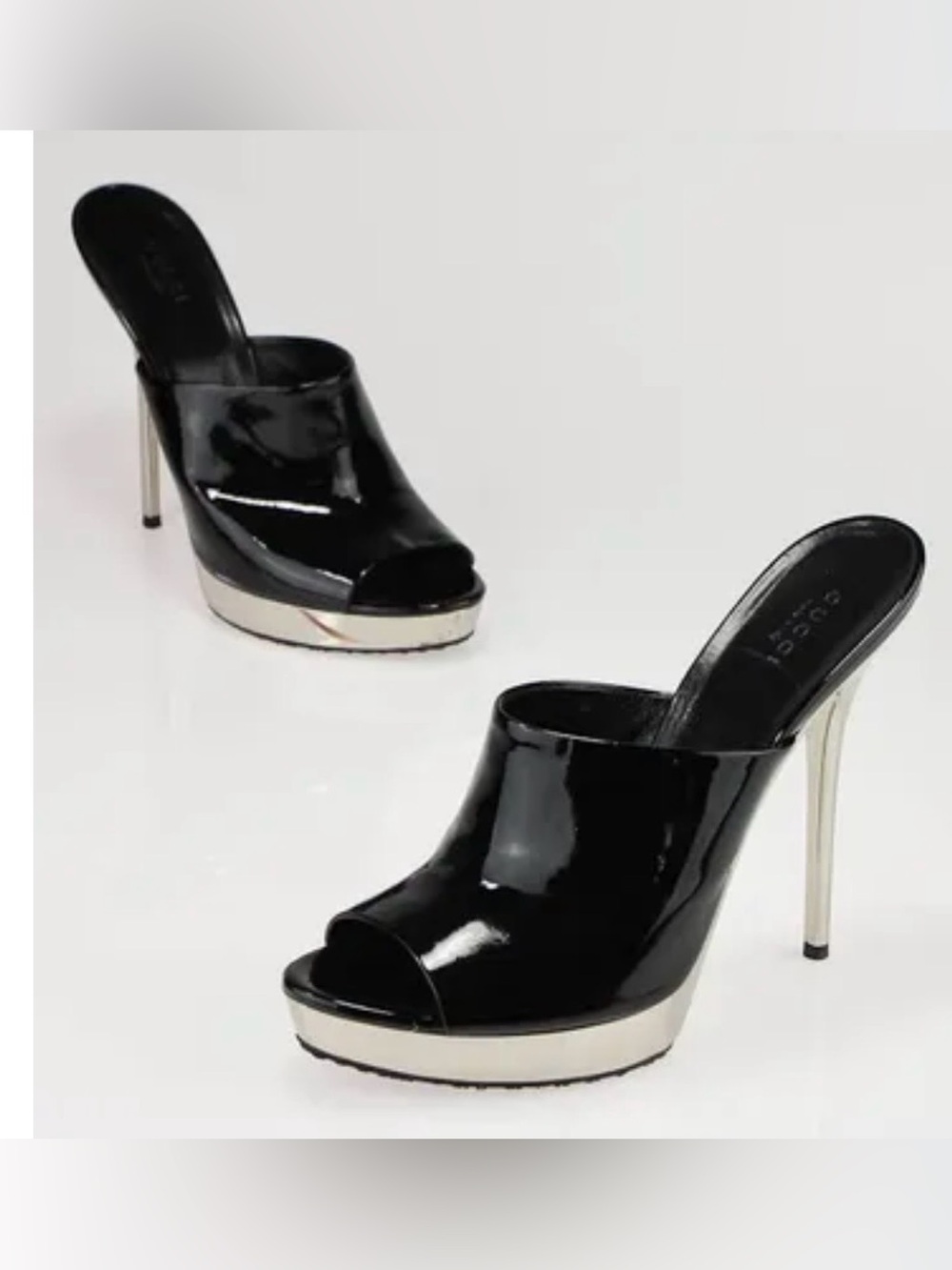 Gucci Hysteria Accent Patent Leather Slides Size 7 Sandals Black Silver Heels